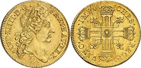 FRANCE
Louis XIV (1643-1715). Double louis d’or au soleil 1713, Nantes.
Av. Tête laurée à droite. Rv. Croix formée de huit L adossés, couronnés.
Du...