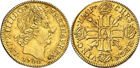 FRANCE
Louis XIV (1643-1715). 1/2 louis d’or aux 8 L et aux insignes 1700, Paris, flan neuf.
Av. Tête laurée à droite. Rv. Croix formée de huit L et...