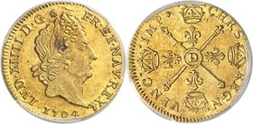 FRANCE
Louis XIV (1643-1715). 1/2 louis d’or aux insignes 1704 D, Lyon, réformation.
Av. Tête laurée à droite. Rv. Insignes.
G. 242, Fr. 439.
Top ...