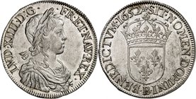 FRANCE
Louis XIV (1643-1715). Écu à la mèche longue 1652 B, Rouen.
Av. Buste à droite, lauré, drapé et cuirassé à l’antique. Rv. Écu de France couro...