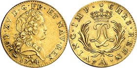 FRANCE
Louis XV (1715-1774). Double louis d’or mirliton 1724 A, Paris.
Av. Tête laurée à droite. Rv. Deux L entrelacés sous une couronne, entre deux...