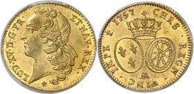 FRANCE
Louis XV (1715-1774). Double louis d’or au bandeau 1757 AA, Metz.
Av. Tête ceinte d’un bandeau à gauche. Rv. Deux écus ovales couronnés.
Dup...