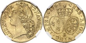 FRANCE
Louis XV (1715-1774). Louis d’or au bandeau 1741 B, Rouen.
Av. Buste drapé à gauche. Rv. Deux écus ovales couronnés.
Dup. 1643, Fr. 464.
NG...