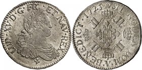 FRANCE
Louis XV (1715-1774). ½ écu aux 8 L 1725 V, Troyes.
Av. Buste drapé, lauré, et cuirassé à l’antique à droite. Rv. Croix formée de quatre lis ...