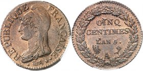 FRANCE
Directoire (1795-1799). 5 centimes an 5 A, Paris.
Av. Buste de la République à gauche. Rv. Valeur dans une couronne.
G. 126.
Plus haut grad...