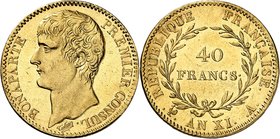 FRANCE
Consulat (1799-1804). 40 francs an XI A, Paris, sans olive.
Av. Tête nue à gauche. Rv. Valeur dans une couronne.
G. 1080, Fr. 479. 12,90 g....