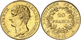 FRANCE
Consulat (1799-1804). 20 francs an 12 A, Paris.
Av. Tête nue à gauche. Rv. Valeur dans une couronne.
G. 1020, Fr. 480. 6,45 g.
Nettoyage, s...