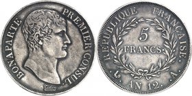 FRANCE
Consulat (1799-1804). 5 francs an 12 A, Paris, frappe de présentation avec virole.
Av. Tête nue à droite. Rv. Valeur dans une couronne.
G. 5...
