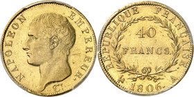 FRANCE
Premier Empire (1804-1814). 40 francs or 1806 A, Paris.
Av. Tête nue à gauche. Rv. Valeur dans une couronne.
G. 1082, Fr. 481.
PCGS MS 62. ...