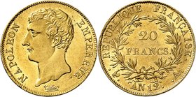 FRANCE
Premier Empire (1804-1814). 20 francs an 12 A, Paris.
Av. Tête nue à gauche. Rv. Valeur dans une couronne.
G. 1021, Fr. 487.
Top pop : plus...