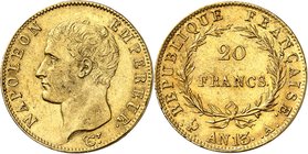 FRANCE
Premier Empire (1804-1814). 20 francs an 13 A, Paris.
Av. Tête nue à gauche. Rv. Valeur dans une couronne.
G. 1022, Fr. 512.
PCGS AU 58. Pr...