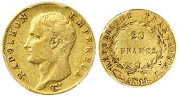 FRANCE
Premier Empire (1804-1814). 20 francs an 14 I, Limoges, frappe décalée à 90°.
Av. Tête nue à gauche. Rv. Valeur dans une couronne.
G. 1022, ...