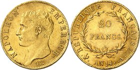 FRANCE
Premier Empire (1804-1814). 20 francs an 14 A, Paris.
Av. Tête nue à gauche. Rv. Valeur dans une couronne.
G. 1022, Fr. 512.
PCGS MS 62. Mi...