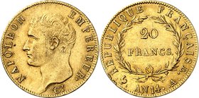 FRANCE
Premier Empire (1804-1814). 20 francs an 14 A, Paris.
Av. Tête nue à gauche. Rv. Valeur dans une couronne.
G. 1022, Fr. 512.
PCGS AU 58. Mi...