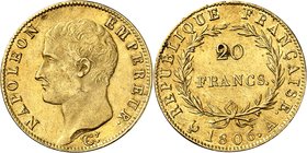 FRANCE
Premier Empire (1804-1814). 20 francs an 1806 A, Paris.
Av. Tête nue à gauche. Rv. Valeur dans une couronne.
G. 1023, Fr. 491.
PCGS MS 62. ...