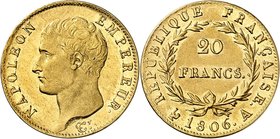 FRANCE
Premier Empire (1804-1814). 20 francs an 1806 A, Paris.
Av. Tête nue à gauche. Rv. Valeur dans une couronne.
G. 1023, Fr. 491. 6,42 g.
Nett...