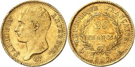 FRANCE
Premier Empire (1804-1814). 20 francs an 1807 A, Paris.
Av. Tête nue à gauche. Rv. Valeur dans une couronne.
G. 1023a, Fr. 487a.
PCGS MS 61...