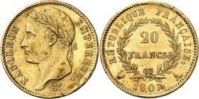 FRANCE
Premier Empire (1804-1814). 20 francs tête laurée 1807 A, Paris.
Av. Tête laurée à gauche. Rv. Valeur dans une couronne.
G. 1024, Fr. 499.
...