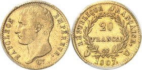 FRANCE
Premier Empire (1804-1814). 20 francs an 1807 U, Turin.
Av. Tête nue à gauche. Rv. Valeur dans une couronne.
G. 1023a, Fr. 487a.
Plus haut ...