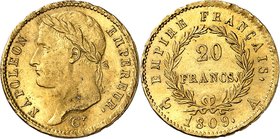 FRANCE
Premier Empire (1804-1814). 20 francs or 1809 A, Paris.
Av. Tête laurée à gauche. Rv. Valeur dans une couronne.
G. 1025, Fr. 520.
PCGS MS 6...