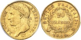 FRANCE
Premier Empire (1804-1814). 20 francs or 1809 U, Turin.
Av. Tête laurée à gauche. Rv. Valeur dans une couronne.
G. 1025, Fr. 520.
PCGS AU 5...