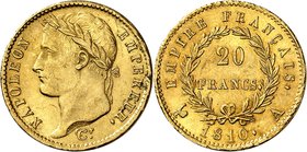 FRANCE
Premier Empire (1804-1814). 20 francs or 1810 A, Paris.
Av. Tête laurée à gauche. Rv. Valeur dans une couronne.
G. 1025, Fr. 520.
PCGS MS 6...