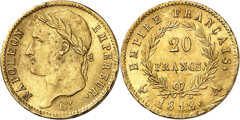 FRANCE
Premier Empire (1804-1814). 20 francs or 1812 A, Paris.
Av. Tête laurée...