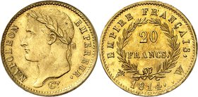 FRANCE
Premier Empire (1804-1814). 20 francs or 1814 W, Lille.
Av. Tête laurée à gauche. Rv. Valeur dans une couronne.
G. 1025, Fr. 520.
PCGS MS 6...