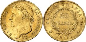 FRANCE
Cent jours (1815). 20 francs 1815 A, Paris 
Av. Tête laurée à droite. Rv. Valeur dans une couronne.
G. 1025a.
PCGS MS 63. Rare dans cette q...