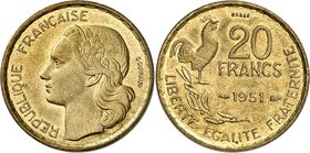 FRANCE
IV° République (1947-1958). 20 francs 1951, essai.
Av. Tête de la République à gauche. Rv. Valeur au dessus de la date, à gauche un coq sur u...