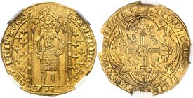 FRANCE FÉODALES
Orange, Raymond IV (1340-1393). Franc à pied.
Av. Le roi, couronné, debout sous un dais accosté de lis, portant une cotte d’armes fl...