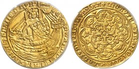 GRANDE-BRETAGNE
Edouard III (1327-1377). Noble d’or, Londres.
Av. Le roi debout dans une nef, tenant un bouclier dans la main gauche, et une épée da...