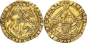GRANDE-BRETAGNE
Henri VI, restauré (1470-1471). Ange d’or, Lis, Londres, croisette initiale 
Av. Ange terrassant le dragon. Rv. Navire et écusson au...