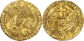 GRANDE-BRETAGNE
Edouard IV (1471-1483). Ange d’or, Londres.
Av. Ange terrassant le dragon. Rv. Navire et écusson au centre.
S. 2091. 5,07 g.
Faibl...