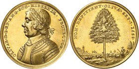 GRANDE-BRETAGNE
Oliver Cromwell (1653-1658). Médaille en or 1658, frappée en hommage au Lord Oliver Cromwell mort le 3 septembre 1658.
Av. Buste lau...