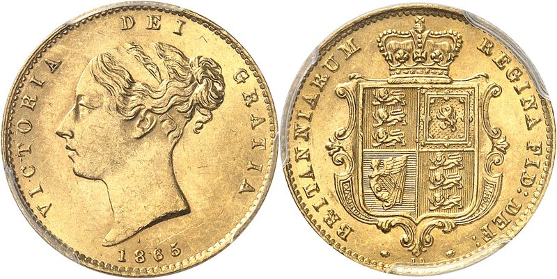 GRANDE-BRETAGNE
Victoria (1837-1901). 1/2 souverain 1865, Londres.
Av. Tête di...