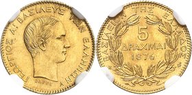 GRÈCE
Georges Ier (1863-1913). 5 drachmes en or 1876 A, Paris.
Av. Tête nue à droite. Rv. Valeur dans une couronne.
Fr. 17.
NGC MS 63. Rare, surto...