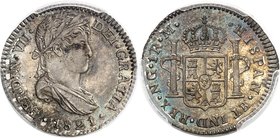 GUATEMALA
Ferdinand VII (1808-1833. Real 1821, NG-M, Nueva Guatemala.
Av. Buste lauré et drapé à droite. Rv. Écu couronné.
Cal. 1124.
PCGS MS 63. ...