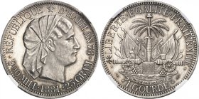 HAITI
République (1859- à nos jours). Gourde (5 francs) 1881, frappe de présentation sur flan bruni.
Av. Tête coiffée de la République à droite. Rv....