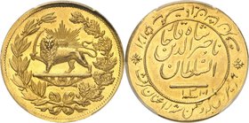 IRAN
Nasseredin Shah (1848-1896). 5 Tomans AH1311 - 1894.
Av. Lion à gauche devant un soleil. Rv. Inscription, légende autour.
Fr. Manque.
Seul ex...