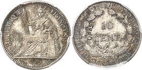 INDOCHINE
10 cent 1919 A, Paris, contremarque 0,632, essai de titre en argent poinçonné en creux
Av. La Liberté assise. Rv. Valeur dans une couronne...