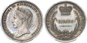 MADAGASCAR
Ranavalona III (1883-1897). Kirobo ou 1,25 franc 1888, piéfort en argent.
Av. Tête à gauche. Rv. Valeur.
Lec. 9a.
PCGS SP 65. Très rare...