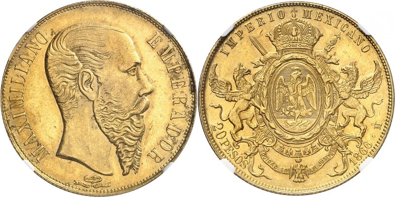 MEXIQUE
Maximilien Ier (1864-1867). 20 pesos 1866 Mo, Mexico.
Av. Tête nue à d...