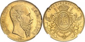 MEXIQUE
Maximilien Ier (1864-1867). 20 pesos 1866 Mo, Mexico.
Av. Tête nue à droite. Rv. Armoiries couronnées.
Fr. 62.
NGC MS 62. Superbe