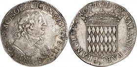 MONACO
Honoré II (1604-1662). Écu 1651.
Av. Buste drapé et cuirassé à droite. Rv. Écu couronné aux armes des Grimaldi.
CC. 33. G. MC30. 26,59 g.
V...