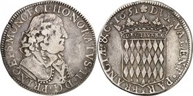 MONACO
Honoré II (1604-1662). Écu 1651.
Av. Buste drapé et cuirassé à droite. Rv. Écu couronné aux armes des Grimaldi.
CC. 33. G. MC30. 26,53 g.
V...