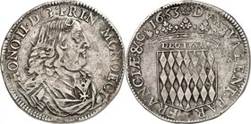 MONACO
Honoré II (1604-1662). Écu 1653, grand S barré.
Av. Buste drapé et cuirassé à droite. Rv. Écu couronné aux armes des Grimaldi.
CC 34, G. MC3...
