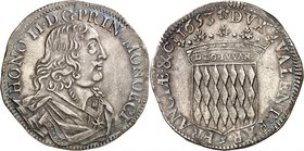 MONACO
Honoré II (1604-1662). Écu 1653.
Av. Buste drapé et cuirassé à droite. Rv. Écu couronné aux armes des Grimaldi.
CC 34, G. MC30. 27,10 g.
Pe...