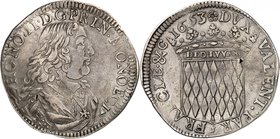 MONACO
Honoré II (1604-1662). Écu 1653.
Av. Buste drapé et cuirassé à droite. Rv. Écu couronné aux armes des Grimaldi.
CC 34, G. MC30. 26,83 g.
Va...
