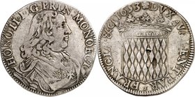 MONACO
Honoré II (1604-1662). Écu 1653.
Av. Buste drapé et cuirassé à droite. Rv. Écu couronné aux armes des Grimaldi.
CC 34, G. MC30. 26,72 g.
Va...